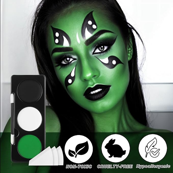Green Witch Makeup Kit,Black White Green Face Paint + 3PC Sponge + Brush,Zombie Hulk Hunting 3 Colors Body Paint Palette,Safe Halloween Elphaba Costume Frankenstein Cosplay Set for Kids,21g