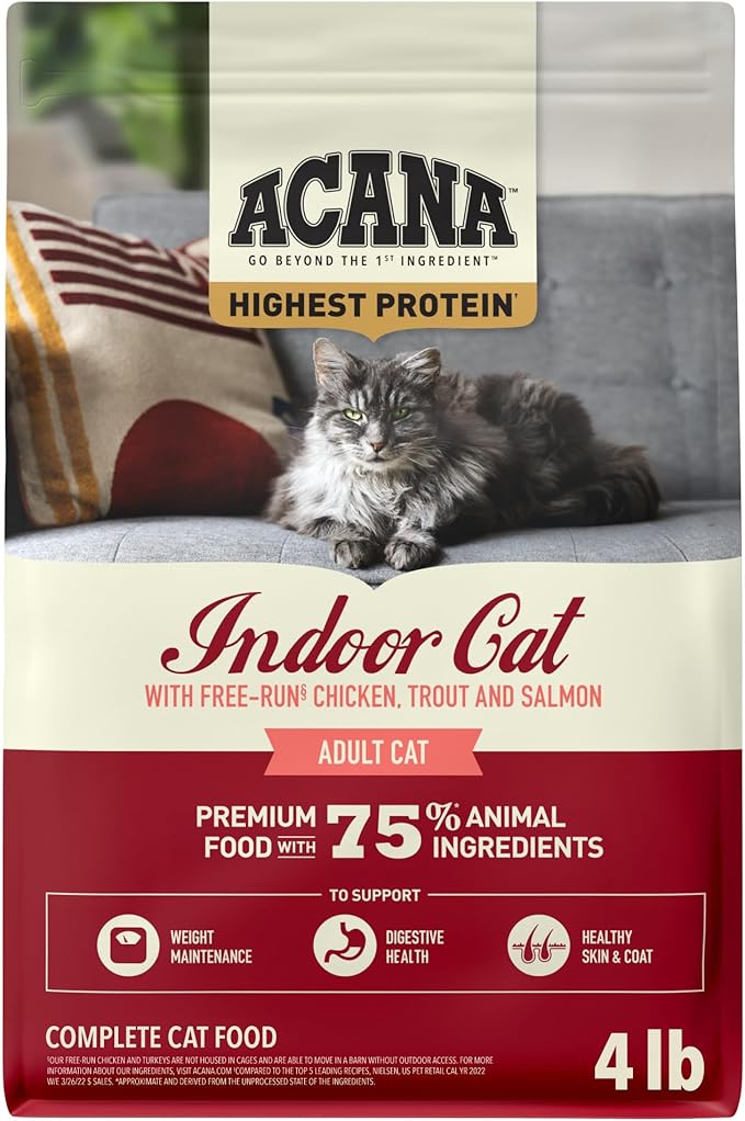 ACANA Highest Protein Dry Cat Food Indoor Cat Food Recipe 4lb Bag | Grain Free, High Protein, Made in the USA, Includes Probiotics, Omega-3 Fatty Acids, Skin & Coat, Digestive Health