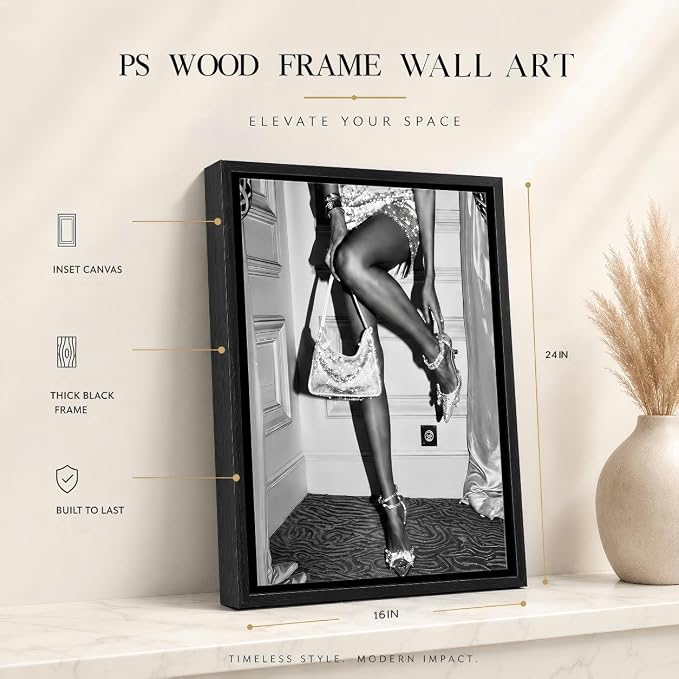 Framed Black and White Fashion Canvas Wall Art Luxury Feminist Picture Wall Decor Trendy Women High Heels Poster Print for Girl Dorm Bedroom Bar Cart Home Decoration 16x24in
