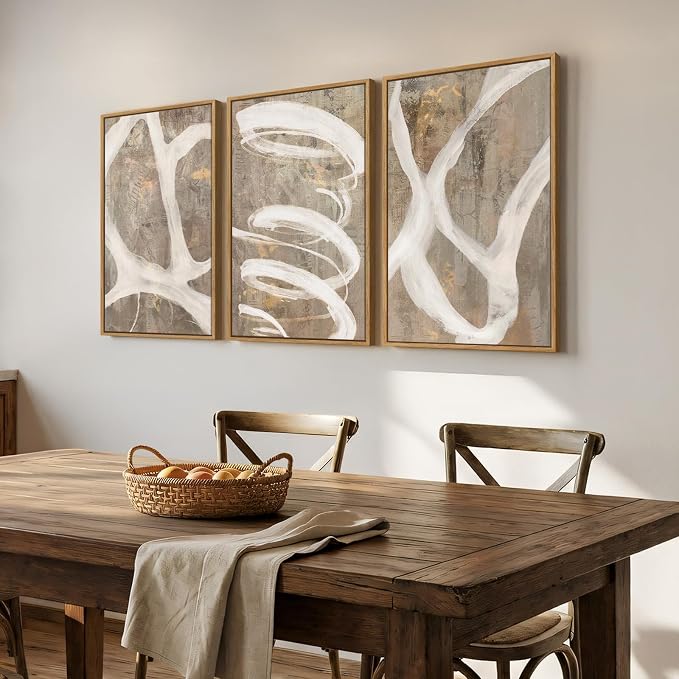 Large Framed Neutral Abstract Wall Art for Living Room, 3 Piece Modern Canvas Prints Paintings Artwork for Walls, Minimalist Beige Taupe White Abstract Pictures for Hallway Office Wall Decor 24x36 In