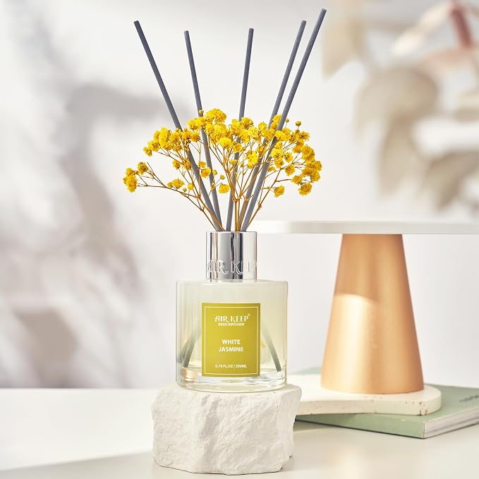 Airkeep Reed Diffuser Set,6.76 fl oz (200 ml) - White Jasmine Oil Diffusers with 8 Reed Sticks, Home Fragrance Reed Diffuser for Bathroom Shelf Decor