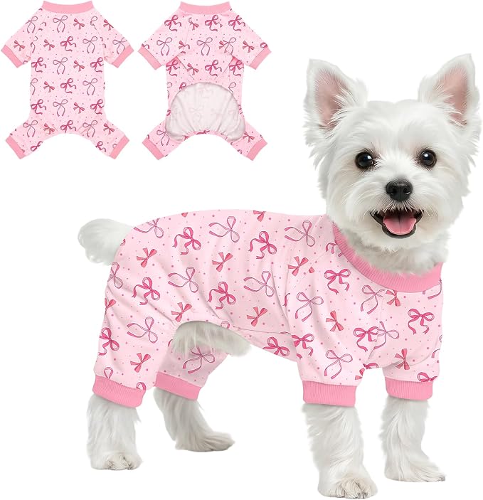Dog Pajamas for Small Medium Dogs Pjs Pink Bow Dog Onesie Breathable Puppy Pj Pet Stretchy Soft Sleepwear for Spring Summer Costume-XL