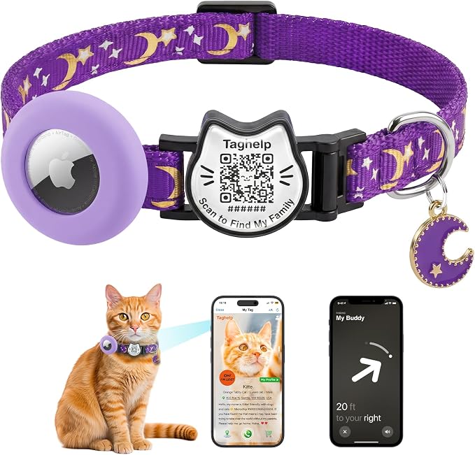 Breakaway Safety Cat Collar with QR Code ID, Integrated AirTag Holder, Adjustable Kitty Collar with Stars and Moon & Glow-in-the-Dark Charm, Purple