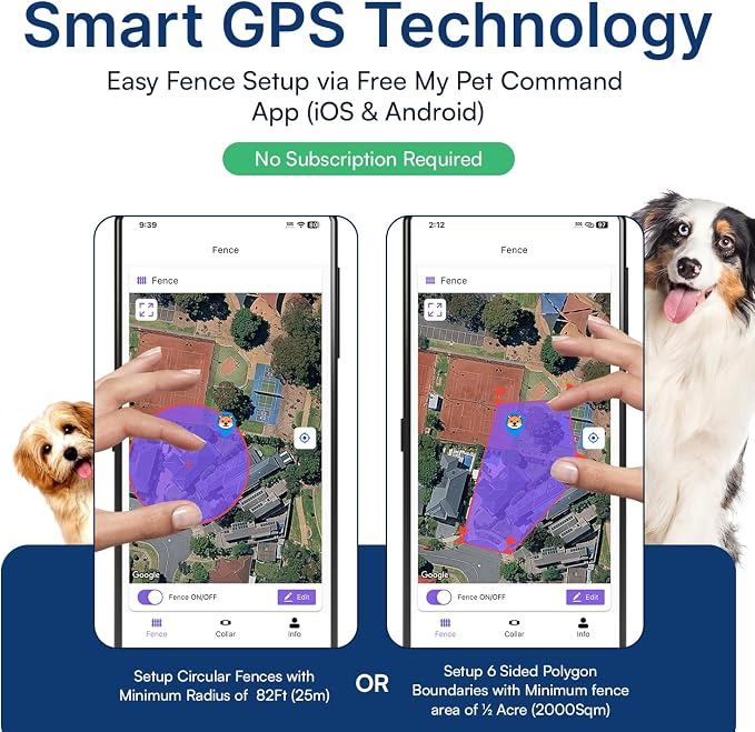 My Pet Command 2-1 Smart Wireless GPS Dog Fence with APP Setup 2 Collar Kit | No Subscriptions, 6-Sided or Circular Fences, Tone, Vibration, Static correction, Waterproof, Rechargeable, Remote Training