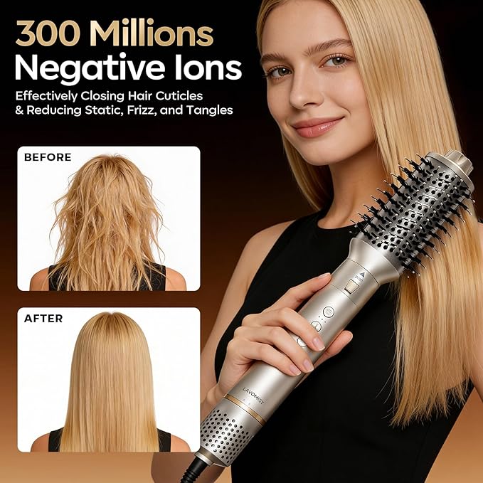Lavomist 8-in-1 Dual Voltage Hot Air Styler & Hair Dryer Brush for Fast Drying, Frizz-Free Styling, with Straightener & Curler, 110,000 RPM, Includes Travel Bag