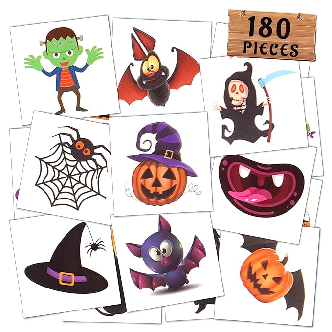 180PCS Halloween Temporary Tattoos for Kids - 60 Designs Waterproof Tattoo Stickers, Party Favor Trick or Treat Gift Supplies for Girls Boys