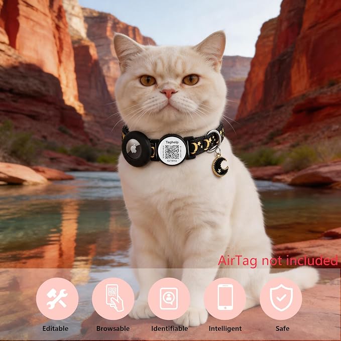 2 Pack Airtag Cat Collar, Breakaway Cat Airtag with Smart ID tag & QR Code Reflective (Star Moon & Paw Pattern - Black, with Integrated AirTag Holder)