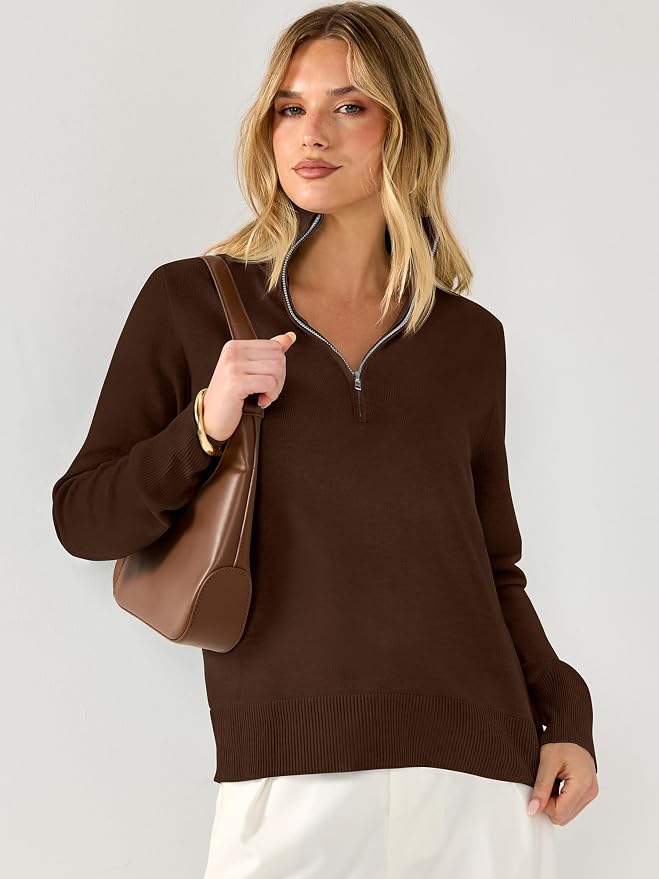 ANRABESS Women Quarter Zip Long Sleeve Fall Pullover Sweater | Soft Knit Fabric Medium Stretch, Business Casual Work Office, Travel Vacation, 2026 Trendy Fashion, Winter Cozy Outfits