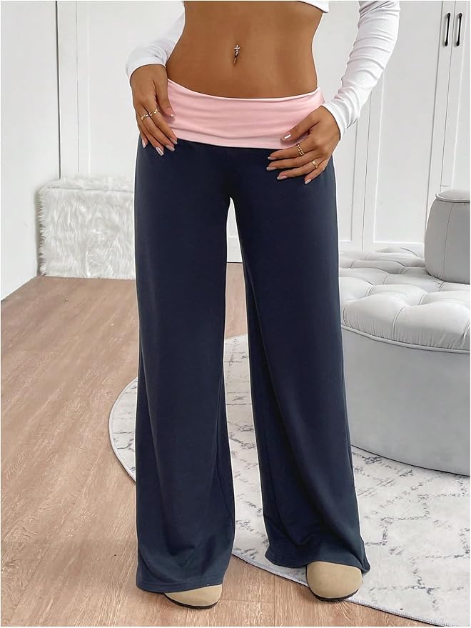 SOLY HUX Women's Sweatpants Color Block Low Rise Fold Over Waist Baggy Wide Leg Pants