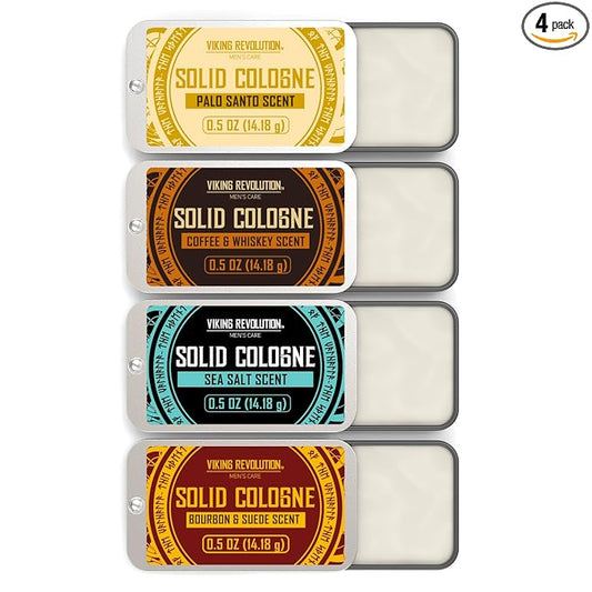Viking Revolution 4 Pack Solid Cologne for Men - Men's Cologne Gift Set Including Coffee and Whiskey, Palo Santo, Sea Salt, Bourbon and Suede - Travel Size Gifts for Men (0.5 Oz each)