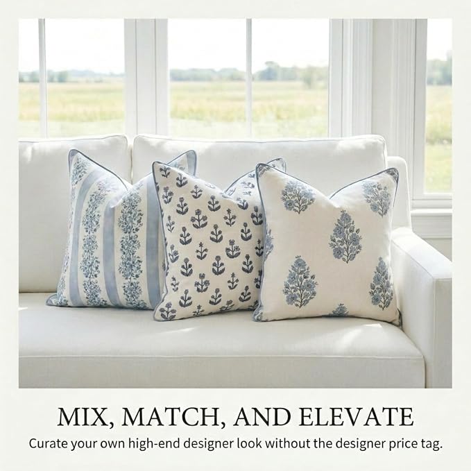 “The Juliet” Floral Block Print Pillow Cover – Soft Blue and Off-White Decorative Throw Pillow Cover – Grandmillennial Home Decor, 20" x 20"