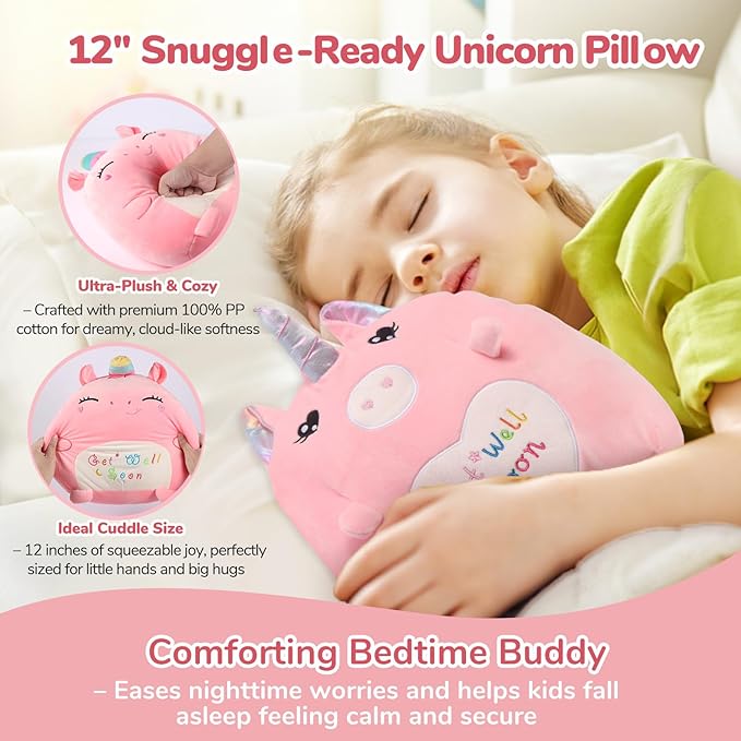 Get Well Soon Gift for Kids Girls, Feel Better Gifts for Kid, 12'' Get Well Soon Unicorn Plush Pillow & Soft Cozy Flannel Kids Throw Blanket, Unicorn Gifts Set for Girls, Kids Get Well Baskets