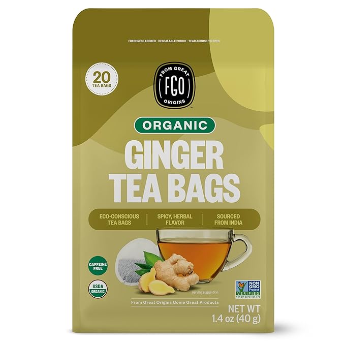 FGO Organic Ginger Tea, 20 Count, Eco-Conscious Tea Bags, Resealable Bag, Packaging May Vary (Pack of 1)