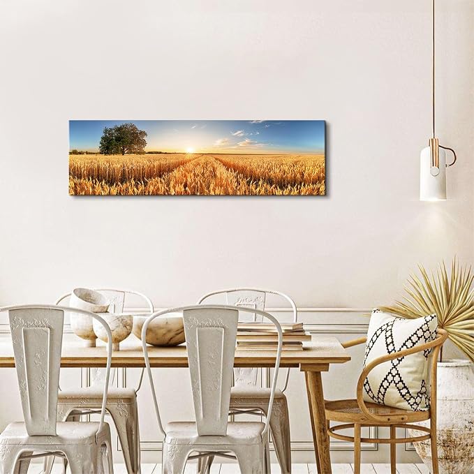 Sunset Nature Forest Wall Art Wheat Field Landscape Pictures Wall Decor for Living Room Kitchen Sunrise Country Meadow Scenic Painting Farmhouse Poster Panoramic Artwork Home Bedroom Decoration 14x48”