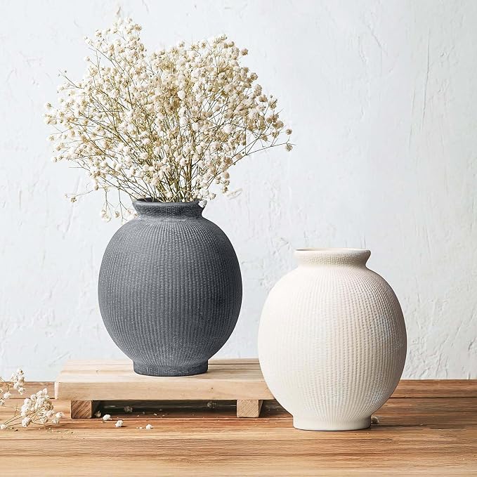Ceramic Decorative Flower Vase - Rustic Farmhouse Boho Ceramic Vase for Home Decor, Table Centerpiece, Living Room, Bathroom, Book Shelf, Mantel Decoration, Wedding Decor (6.8" Black)