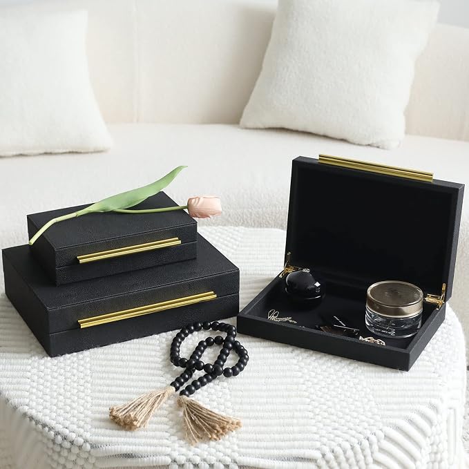 Faux Shagreen Decorative Stackable Jewelry Storage Boxes Set of 3,Black | Jewelry Organizers with Gold Metal Handles & Velvet Lining, Modern Black Box for Vanity, Entryway & Coffee Table Décor