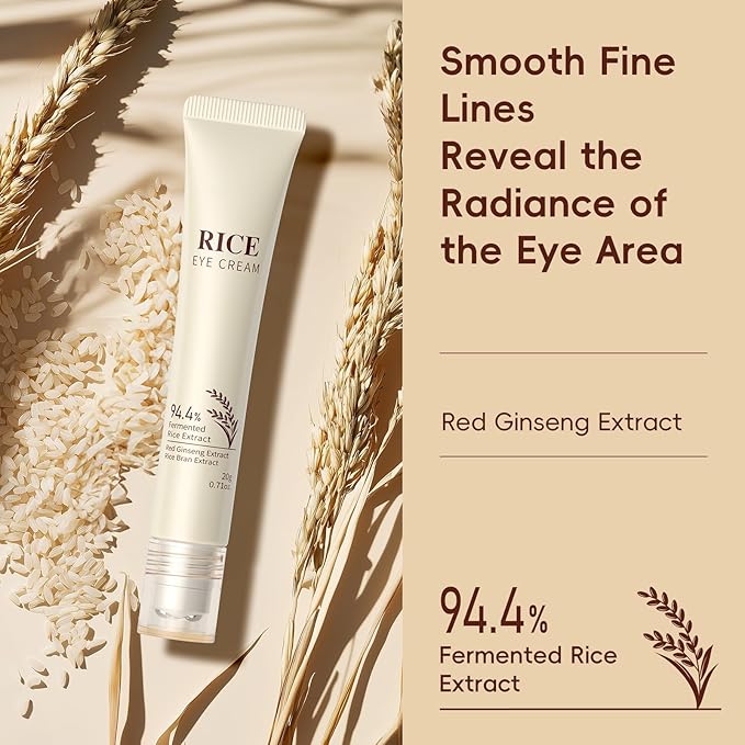 Rice Eye Cream, Moisturizing Eye Roller with Rice Ginseng Extract, Smooth Light Weight Fast Absorption Non-sticky Reduces Fine Lines Puffiness Bags & Dark Circles