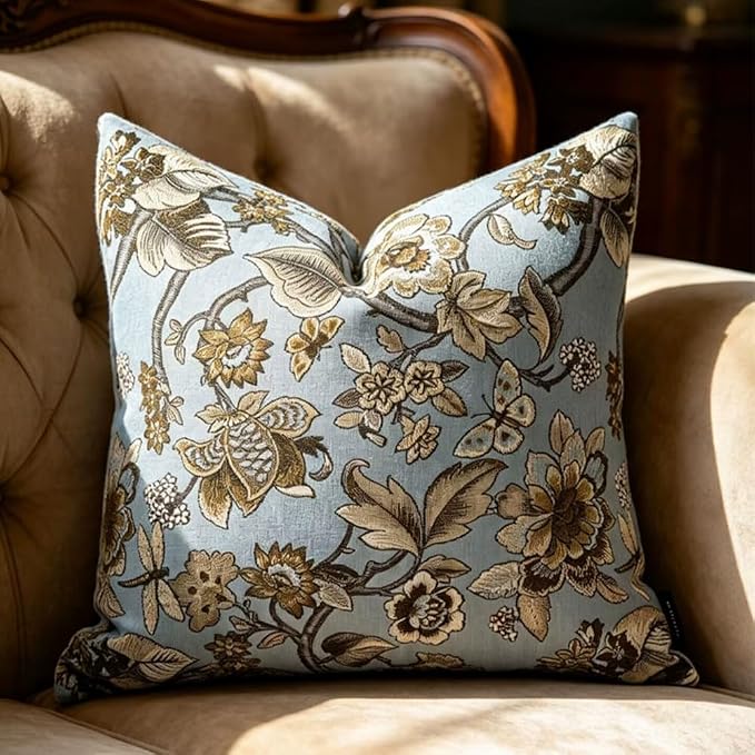 Neutral Floral Pillow Cover 18x18, Vintage Square Pillow Cover Soft Decorative Farmhouse Accent Pillow Cases for Couch Bedroom Living Room Home Decor, Blue