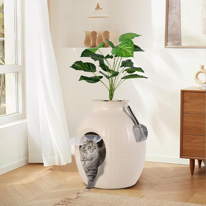 PETSITE Hidden Litter Box Plant, Cat Litter Box Enclosure Furniture with Smart Odor Removal System, 4 Light Effects, Door, Artificial Plant, Pebbles, Scoop, Planter Litter Box for Large Cats