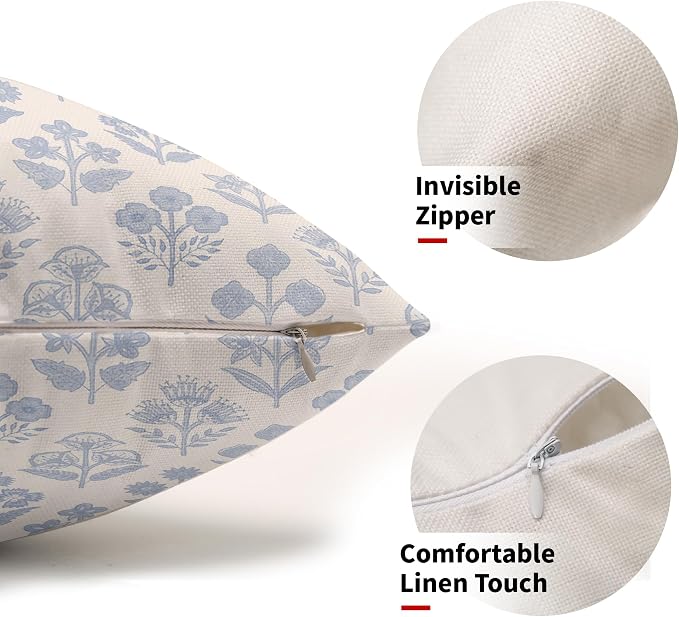 Baby Blue Floral Pillow Covers 12x20 Inch Set of 2, Vintage Flower Block Print Pattern Decorative Throw Pillowcases Outdoor Farmhouse Cushion Covers Spring Summer Rustic Sofa Couch Bed Decor