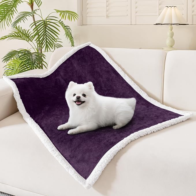Smiry Waterproof Blanket Throw, Reversible Dog Blanket for Sofa Couch Bed | Soft Leakproof Sherpa Fleece, Washable Furniture Couch Protector for Large Dogs Cats, 30"x40", Dark Purple/White