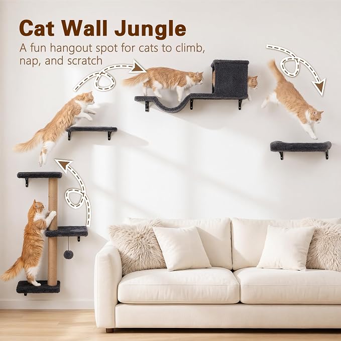 Cat Wall Shelves 6-in-1 Wall Mounted Cat Furniture 40 lbs, Dark Grey | Natural Wood, Bed & Cave & Scratching Post, 40 lbs for Large Cats, Space-Saving, for Living Room & Window
