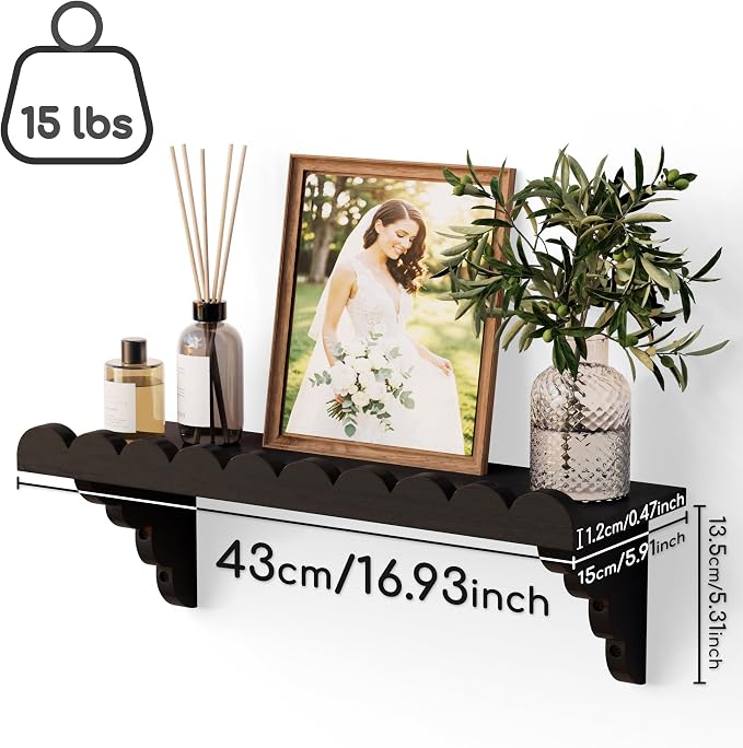 Scalloped Wood Wall Shelf – 17 Inch Floating Shelf with Wood Brackets, Easy to Install Rustic Wall Shelf for Living Room, Bedroom, Bathroom, or Any Space, Black Shelves