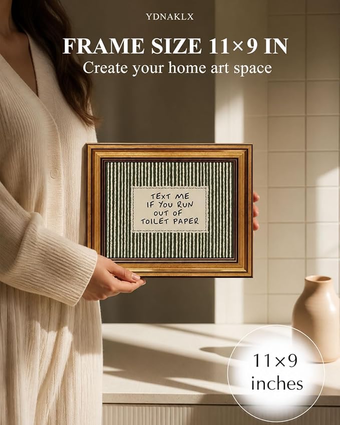Gold Framed Wall Art, Funny Bathroom Canvas Prints, Text Me If You Run Out Of Toilet Paper Picture Wall Decor, Striped Humorous Decor for Bathroom Toilet Restroom 9x11 inch