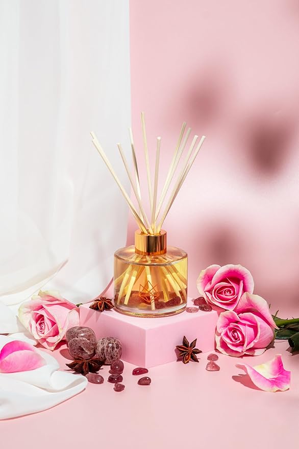 Crystal Infused Reed Diffuser, 4 OZ, Sensual - Strawberry Quartz Crystal Infused - Scents of Star Anise, Rose, Sichuan Pepper & White Musk - Valentine's Day Gift