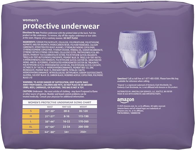 Amazon Basics Maximum Absorbency Incontinence Underwear for Women, Disposable Postpartum, Bladder Leak Protection, Odor Control, Soft, Medium, Lavender, 60 Count (3 Packs of 20)