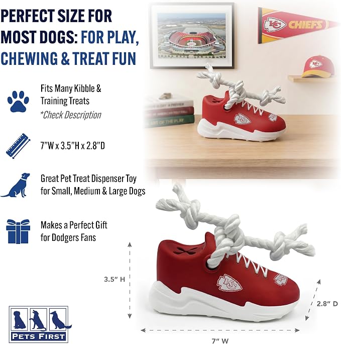 Pets First NFL Kansas City Chiefs Cleat Sneaker Spike Dog Toy, Football Treat Dispenser Chew Toy for Dogs, Interactive Rope Tug Toy, Slow Feeder Natural Rubber Dog Toy with Official Team Logo