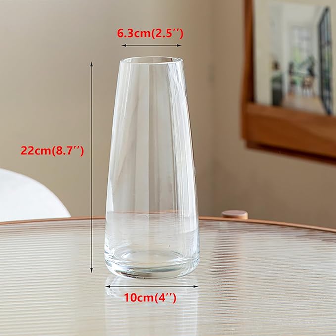 FANTESTICRYAN Modern Glass Vase, 8.7''H Decor Flower Vases, Crystal Clear | Crystal Clear Glass Fresh/Faux Floral Vases, For Home Office Table Centerpiece Decor Housewarming Wedding Gift for Lover