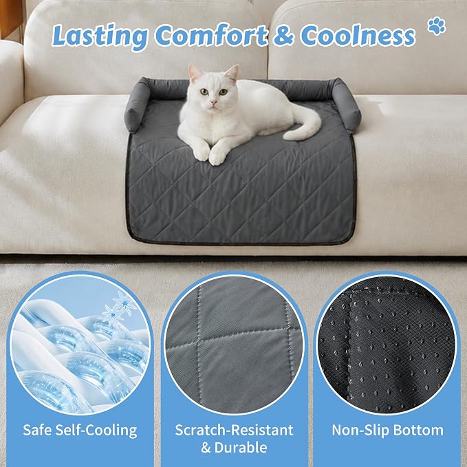 Cooling Dog Bed Mats with Neck & Head Support, 31.5 x 23.62 inch Grey | for Small and Medium Dogs & Cats, Non-Slip, Machine Washable, Protects Sofa from Fur & Scratches