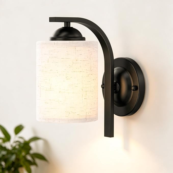 Wall Sconces Lights Lamp for Bedroom Bathroom, Modern Vanity Light Fixtures, Matte Black Farmhouse Wall Mount Lighting Lanterns with Fabric Shade for Living Room Mirror Hallway Kitchen