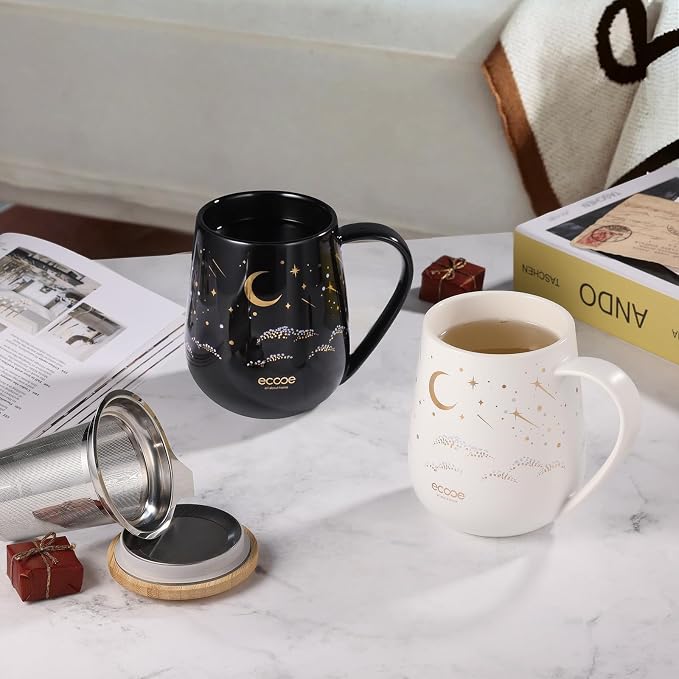 ecooe Tea Infuser Mug 20.3oz Ceramic Tea Cup with Removable Stainless Steel Infuser and Lid, 600ml Tea Mug for Loose Leaf Tea Coffee Milk, Gifts for Women Parents Friends Office Home (Black)