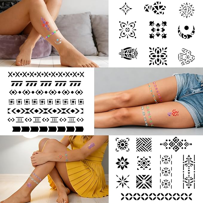 Temporary Tattoo Markers for Skin, 8 Temporary Tattoo Markers + 94 Geometry Tattoo Stencils for Kids Teens, Flexible Brush Tip & Bright Colors Body Marker and Fake Tattoo Stencil Set for Party Favor