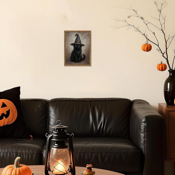 Framed Halloween Cat Wall Art, Vintage Gothic Black Cat Witch Canvas Wall Decor Paintings, Moody Dark Academia Animal Artwork Posters Prints Pictures for Bedroom Living Room 8x10 Inch