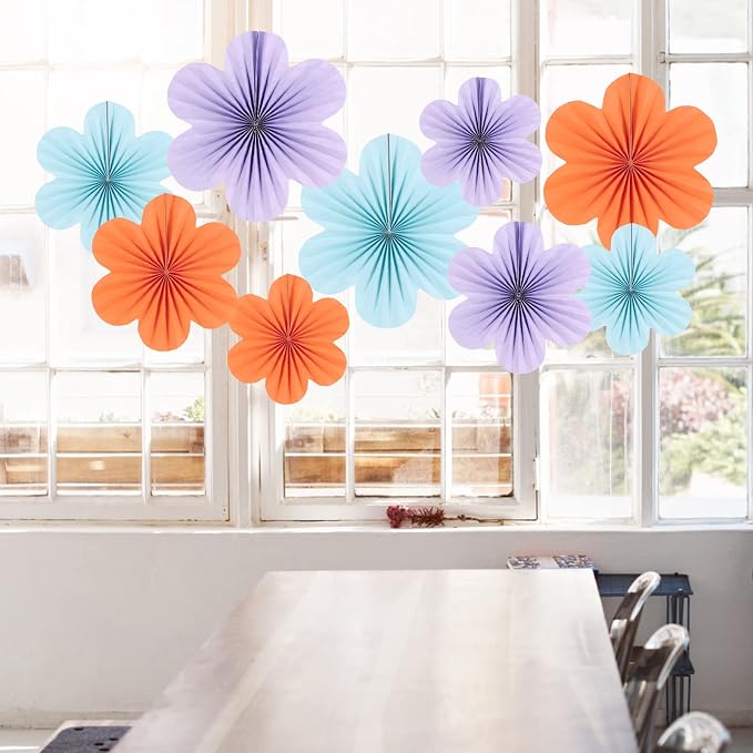 SUNBEAUTY 9 Pcs Paper Flowers Decorations for Wall, Blue and Orange for Wall Paper Flower Fan Classroom Decoration Paper Floral Backdrop Decor Paper Fans Decoration Hanging Paper Flower Wall Decor