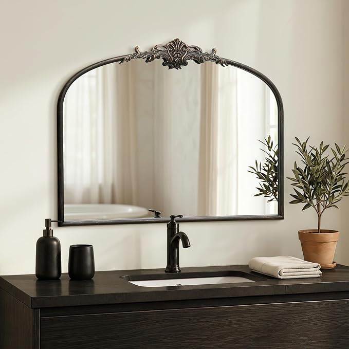 Besdomus Antique Black Wall Mirror: 32"x24" French Ornate Decorative Mirror | Vintage Baroque Ornate Arched Metal Framed for Mantel/Hallway/Bathroom Vanity/Dresser - Ideal Gifts for Housewarming/Birthday