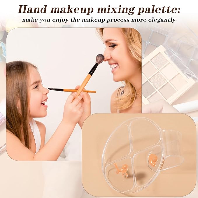 2 Pcs Handheld Acrylic Makeup Palette with 1 Spatula for Foundation, Circular 4 Grid Foundation Mixing Palettes, Clear Handheld Makeup Mixing Palette Nail Art Manicure Tray for Foundations Blending