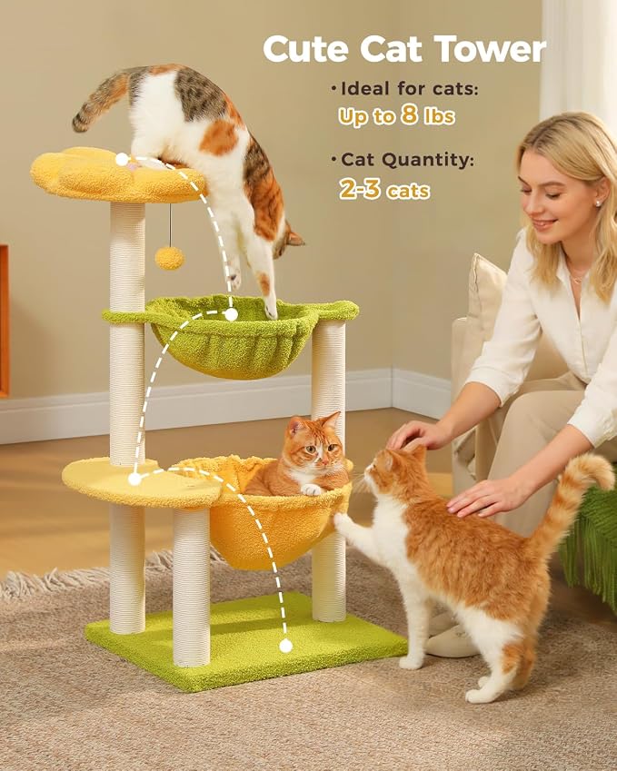 37.4" Flower Cat Tree with 2 Hammocks & 6 Sisal Posts, Yellow | Flower top perch, 2 spacious hammocks, 6 sisal posts, Cute small tower, For indoor kittens, Sturdy build