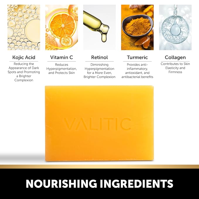 VALITIC Kojic Acid Dark Spot Remover Soap with Turmeric, Vitamin C, Retinol - Original Japanese Complex -Hyaluronic Acid, Vitamin E, Shea Butter, Castile Olive Oil - 3 Pack Bundle with African Net