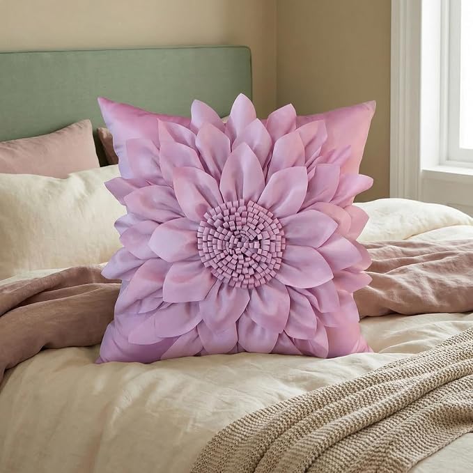 Purple Accent 3D Flower Decorative Throw Pillow Covers for Bed Sofa Couch | Bella's Giftshop Handmade Sunflower Floral Pillow Cases Living Room Bedroom Decor, Standard Size 18x18 Inch