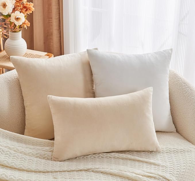 Throw Pillow Covers Neutral Beige Set of 2 20x20 Inch Pillow Covers, Soft Velvet Farmhouse Decorative Pillowcases for Couch Sofa Bed, Home Boho Decor, Modern Cushion Covers