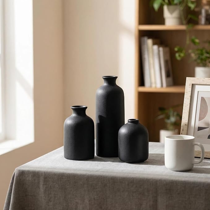 Small Ceramic Vase Set of 3,Modern Boho Farmhouse Flowers Vases | Decorative Vase for Dried Flowers,Pampas Grass,Home Decor,Shelf,Bathroom,Centerpiece for Entryway Table Distressed