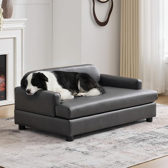 Luxury Dog Sofa Bed Elevated Pet Couch with Durable Waterproof Leather | Dog Couch with Orthopedic Sponge, Modern Furniture Style Dog Lounge & Pet Bedside Step, for Medium/Large Dogs, Gray
