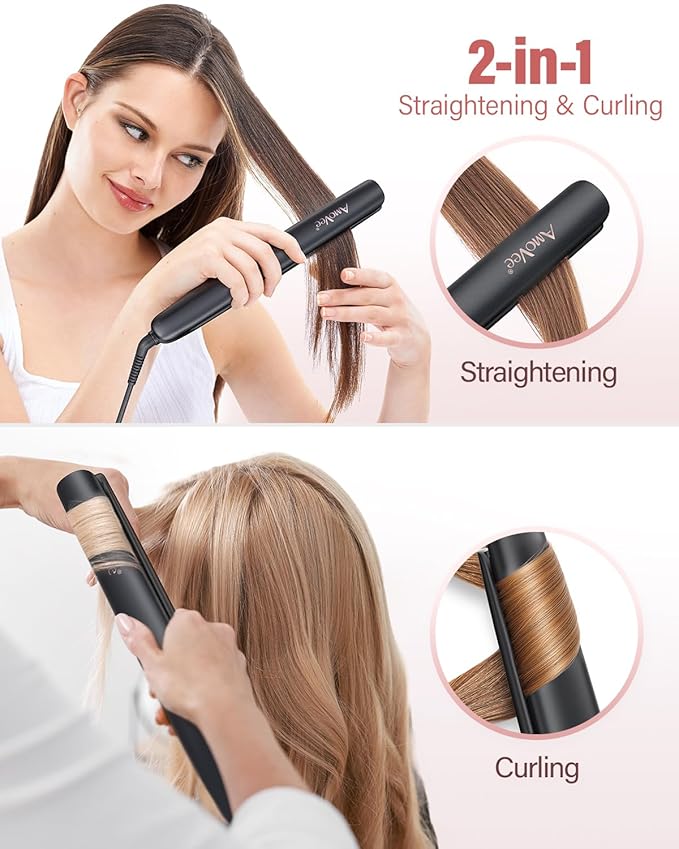 Hair Straightening Irons, Hair Straightener and Curler 2 in 1, 15s Fast Heating Hair Iron Straightener, Dual Voltage Ceramic Flat Iron Creates Silky Hair Instantly