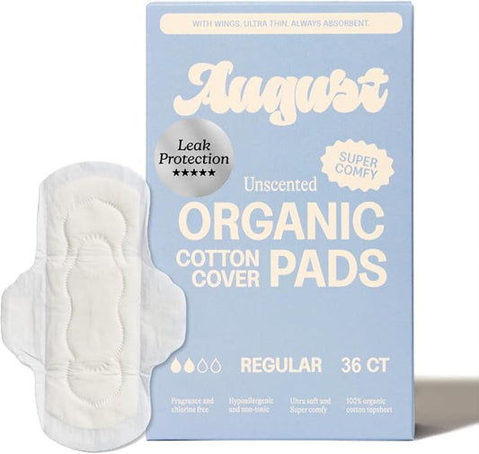 August Regular Cotton Menstrual Pads, 36-Pack Ultra Thin Pads with Wings, Hypoallergenic Sanitary Napkins with Organic Cotton Topsheet, Compostable Wrappers, Toxin Free, Fragrance Free