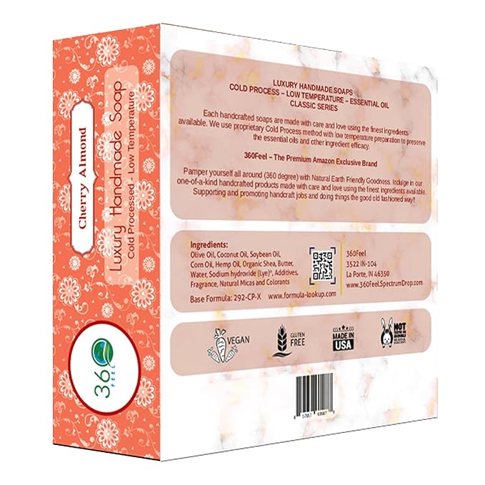 360Feel Cherry Almond Soap - Handcrafted Castile Soap Bar with Soothing Scent - Handmade with Essential Oils - Suitable Gift for Anniversaries, Weddings & Holiday Stockings - Rich Lather - 4-Pack