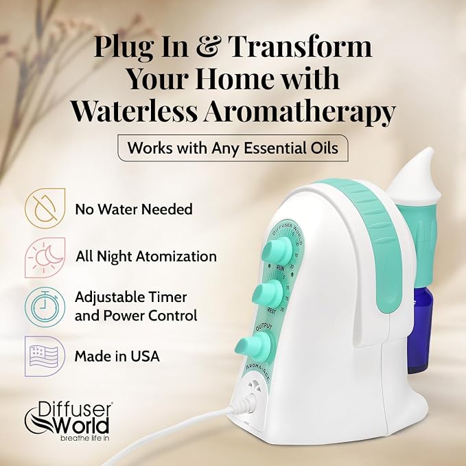 1000 Sq Ft Waterless Diffuser for Essential Oils, Made in USA Green Waterless Aroma Atomizer for Home Large Room Fragrance, Home Scent Machine, Air Aromatherapy with Adjustable Timer